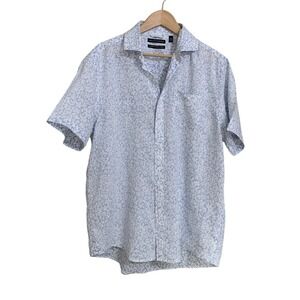 Saks Fifth Avenue Button Down Mens L Blue Floral 100% Linen Short Sleeve Shirt
